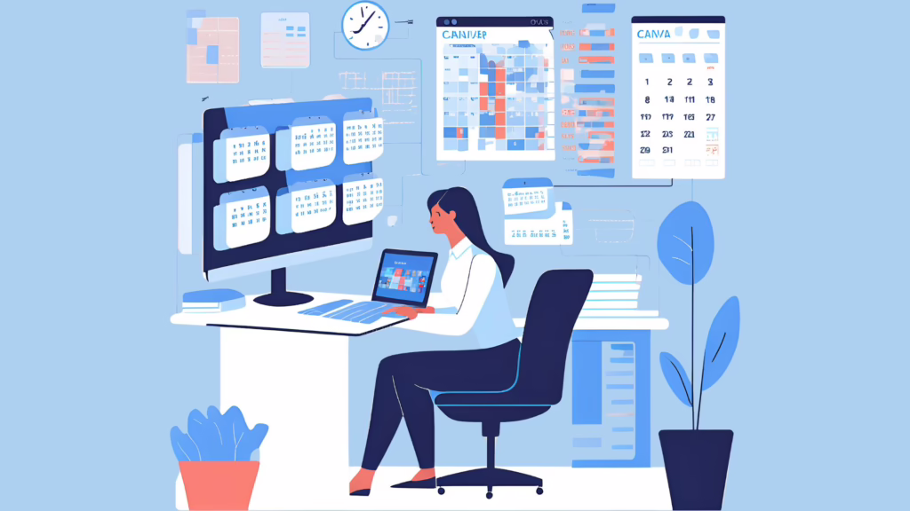 Professional executive assistant multitasking in a modern office, efficiently managing a digital calendar, organizing documents, and communicating via smartphone, showcasing exceptional organizational skills for career advancement