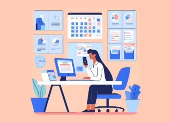 Professional executive assistant multitasking in a modern office, efficiently managing a digital calendar, organizing documents, and communicating via smartphone, showcasing exceptional organizational skills for career advancement