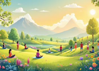 People practicing wellness in a vibrant outdoor landscape.
