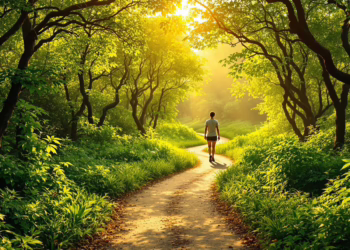 A person walking on a lush green path.