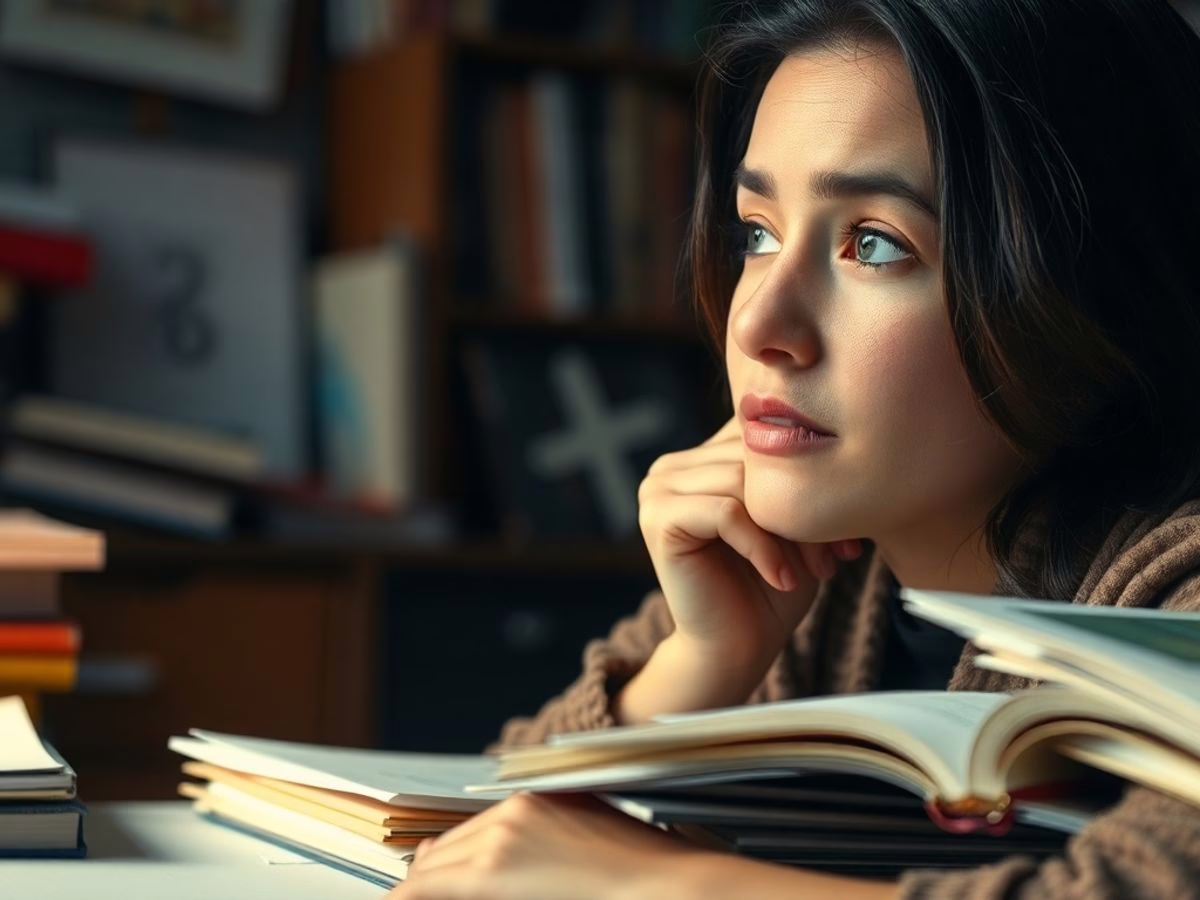 Person deep in thought at a cluttered desk. fixed mindset def