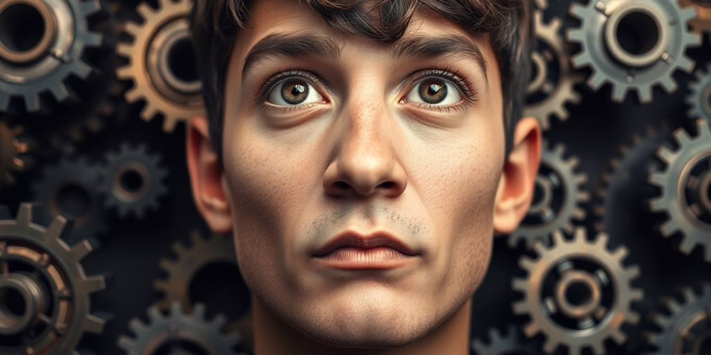 Thoughtful person surrounded by gears symbolizing fixed mindset.