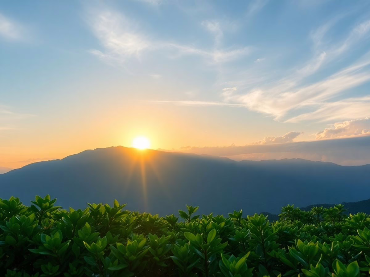 Sunrise over mountains with lush greenery and blue sky.