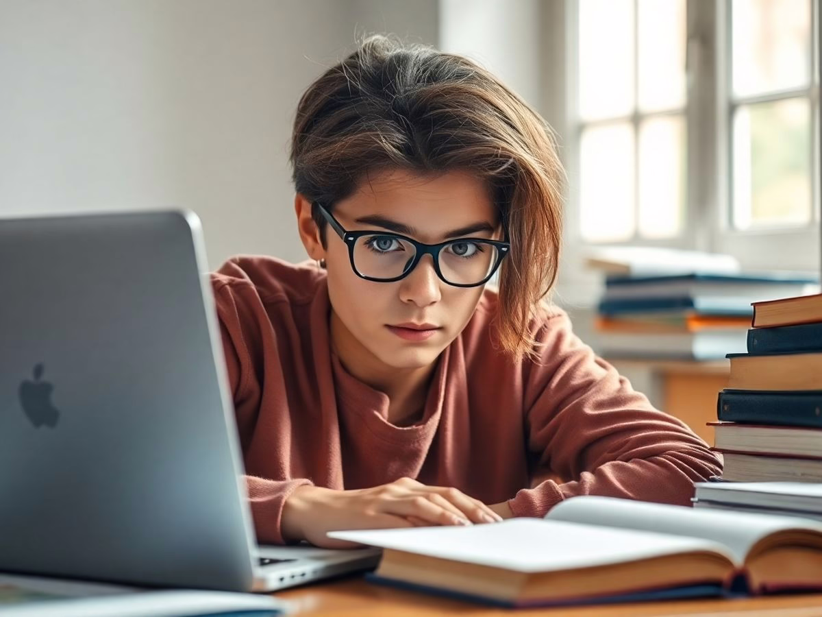 Student focused on laptop amidst books and notes.