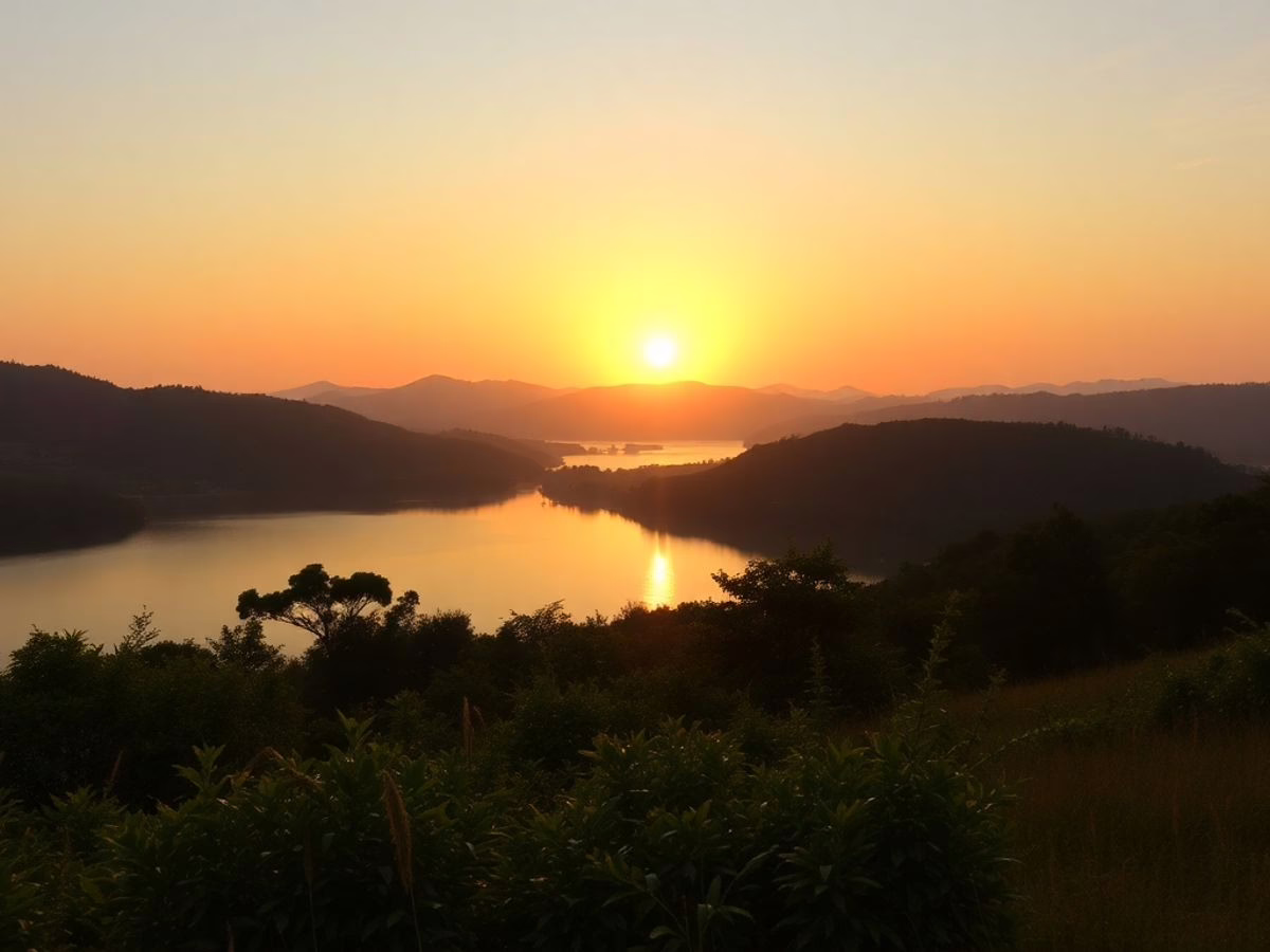 Sunrise over a lake with lush greenery and hills.