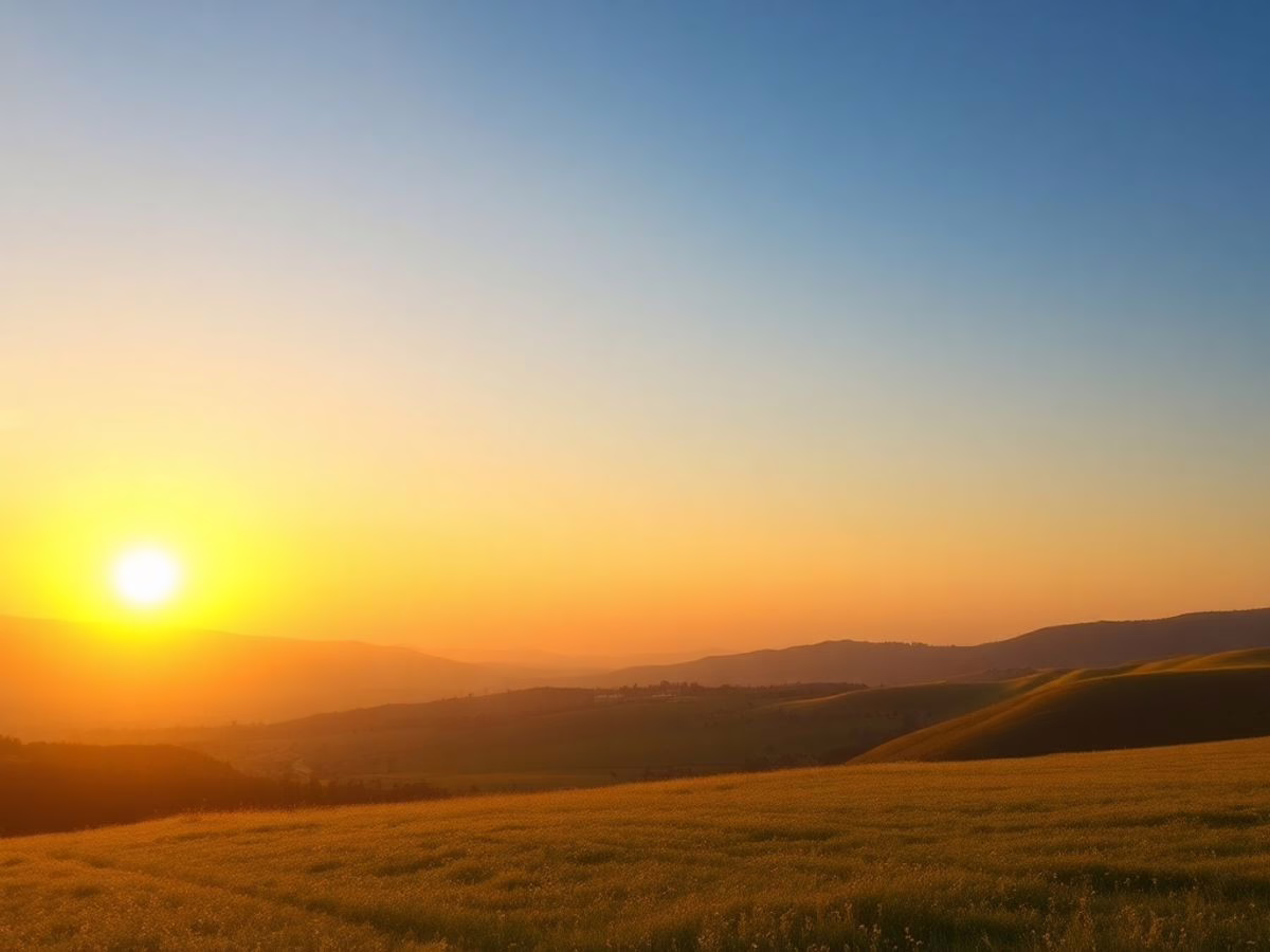 A sunrise over a tranquil landscape, evoking hope and growth.