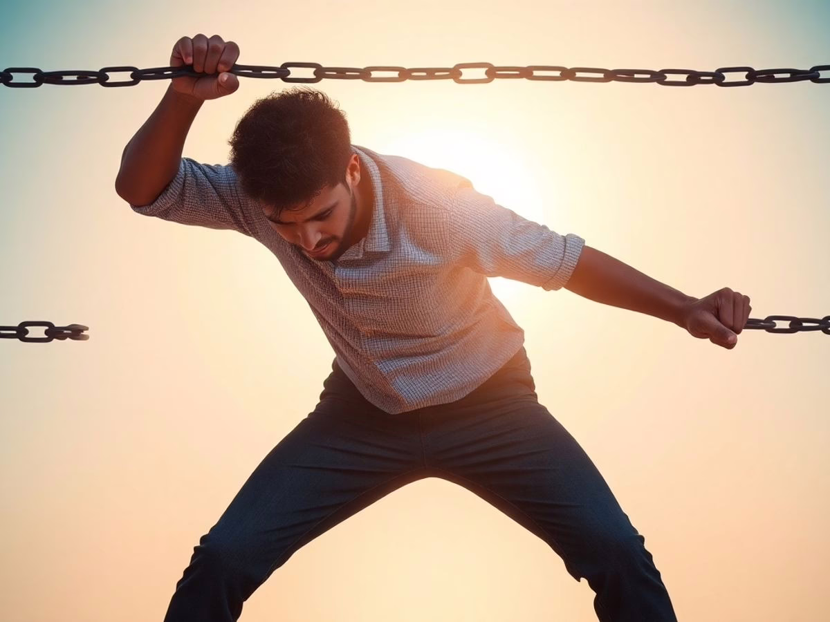 Person breaking chains at sunrise, symbolizing personal growth.