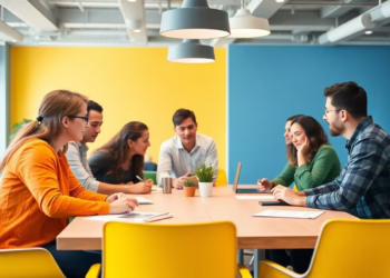 A diverse team collaborating in a modern workspace.
