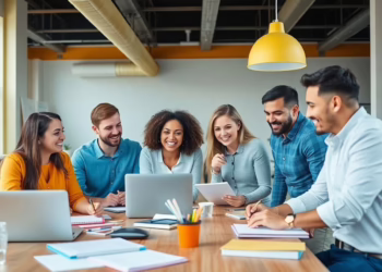 Diverse professionals collaborating in a modern workspace.