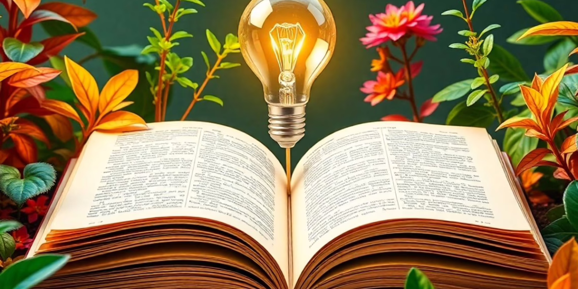 Open book with plants and a light bulb.