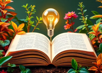 Open book with plants and a light bulb.