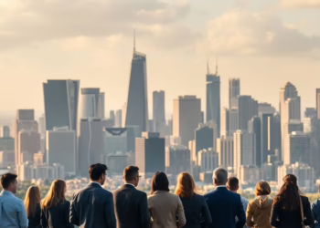 Diverse professionals discussing wealth in a vibrant city setting.