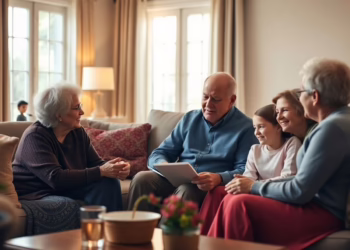 Family discussing wealth strategies in a cozy setting.