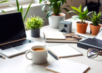 A bright workspace with a laptop and coffee cup.
