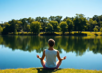 Person meditating by a calm lake in nature.