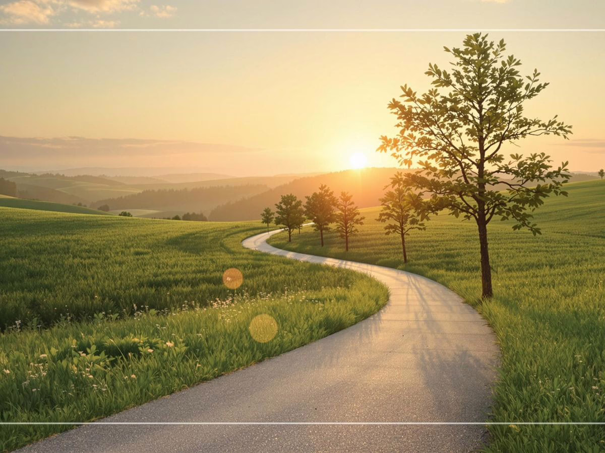 A winding path through trees leading to a sunrise.
