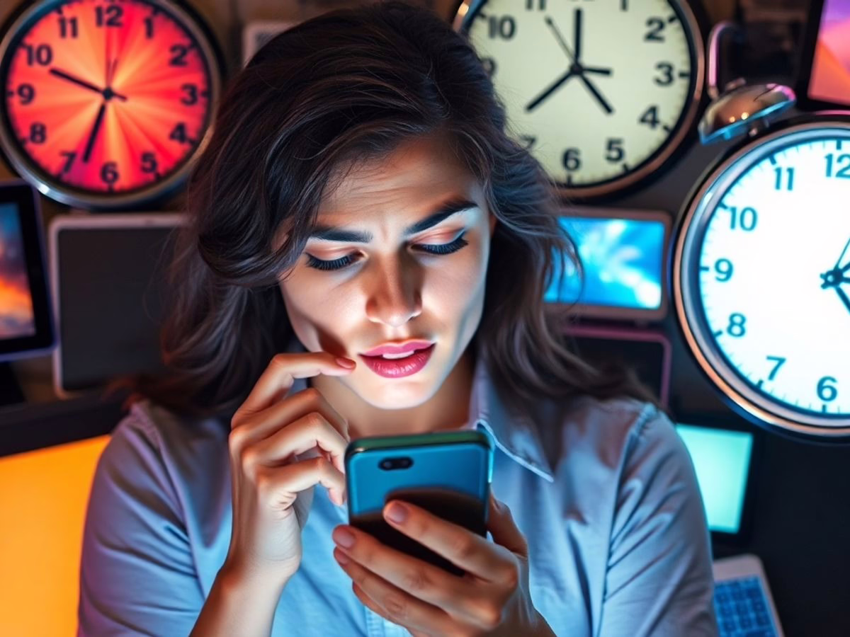 Person overwhelmed by multiple screens and devices. Bad Habits Examples