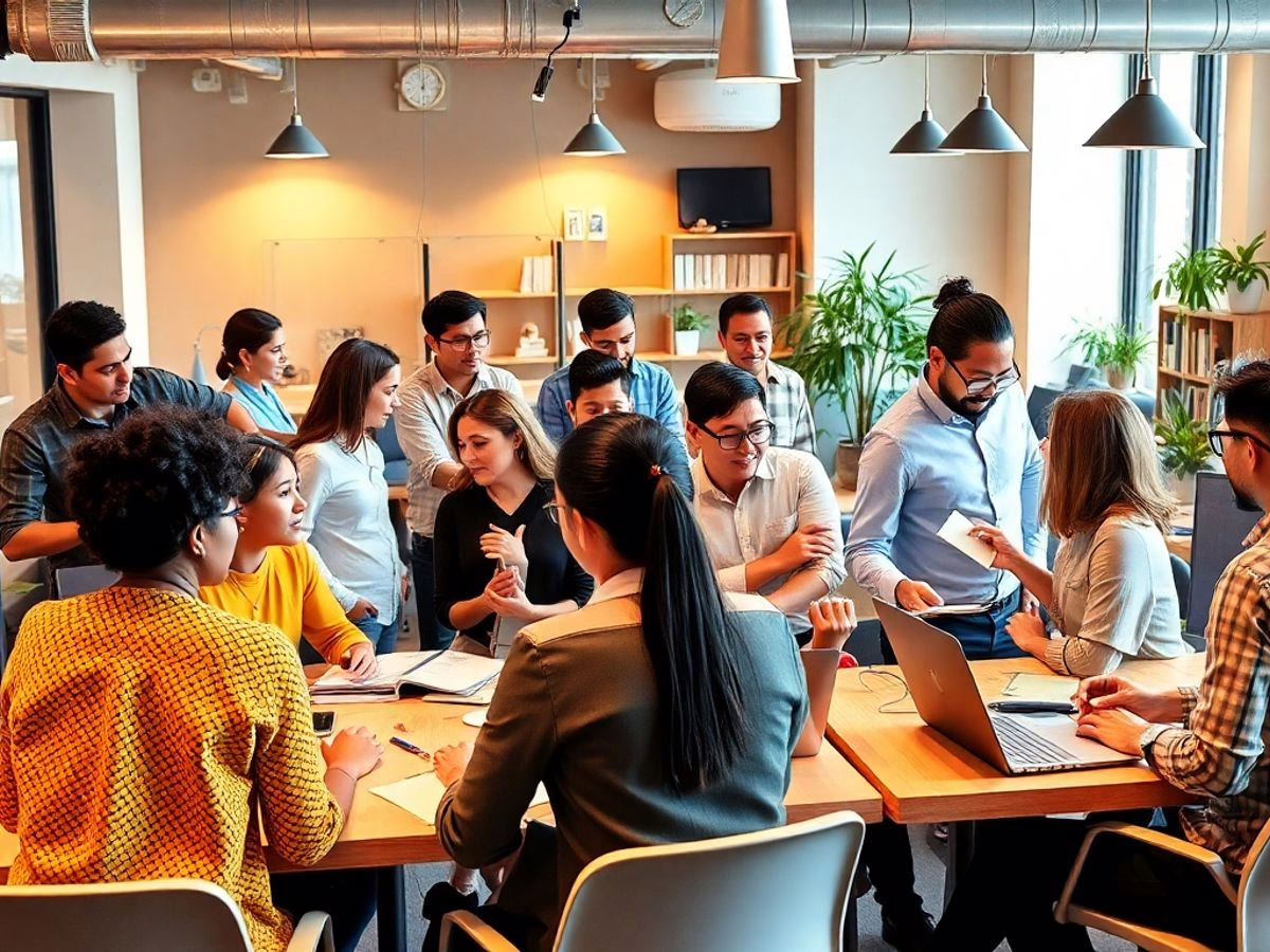 Diverse professionals collaborating in a modern office setting. work habits