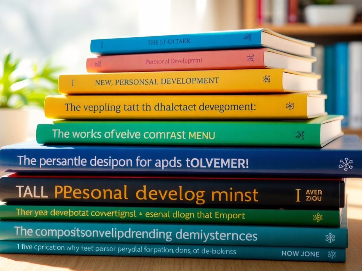 Colorful books on growth mindset in a bright workspace.