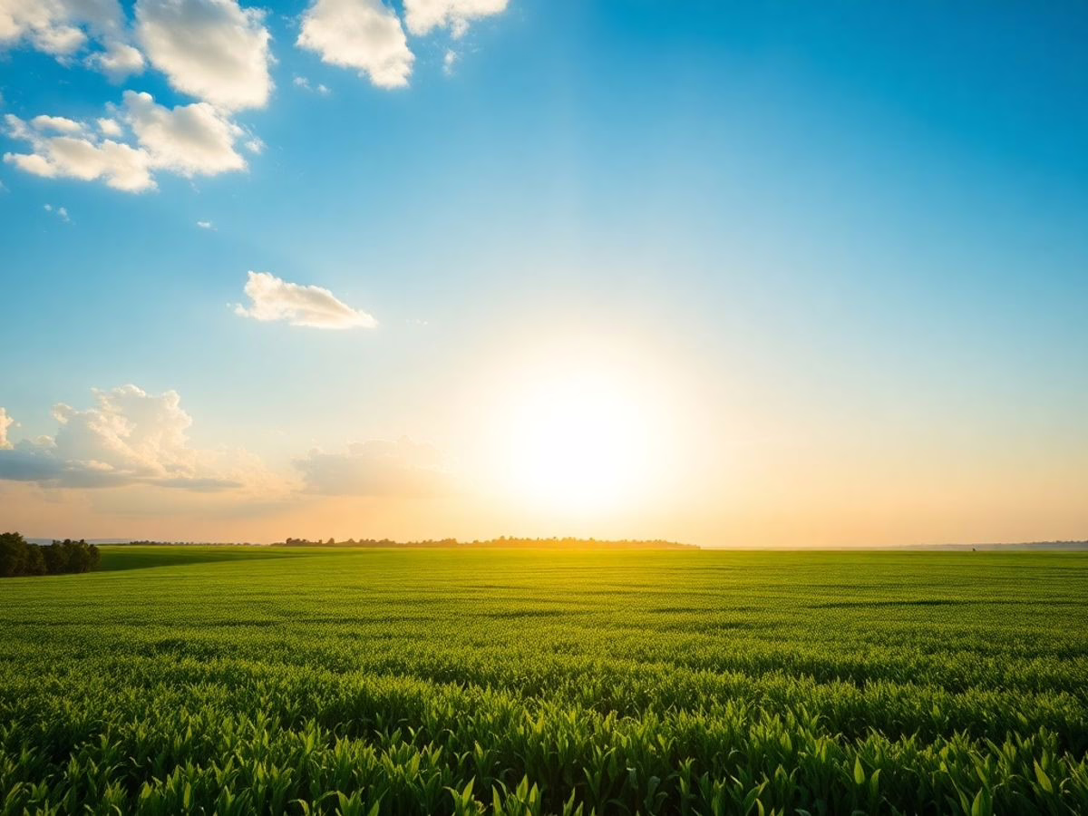 Vast landscape with sunrise over a green field. Abundance Mindset