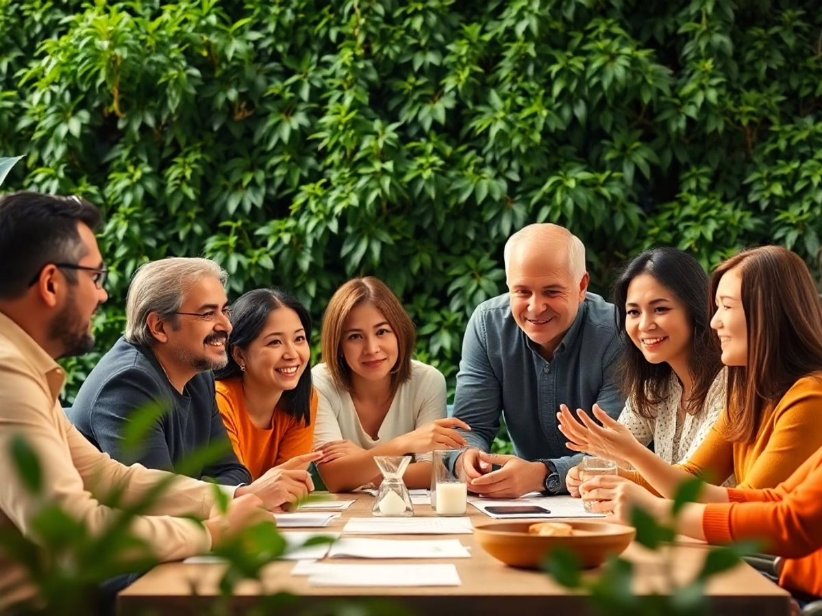 People discussing wealth-building strategies around a table.
