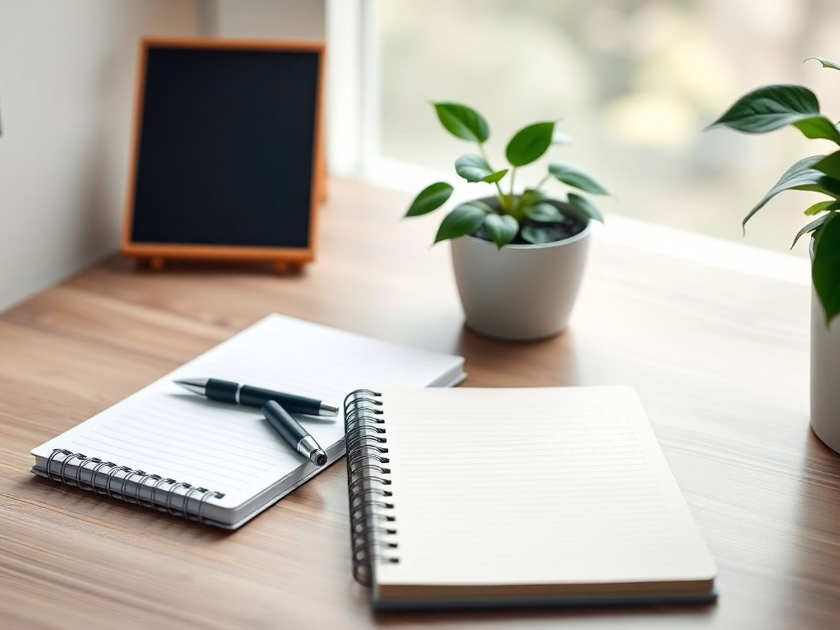 A calm workspace with a notebook and a plant. Millionaire Mindset