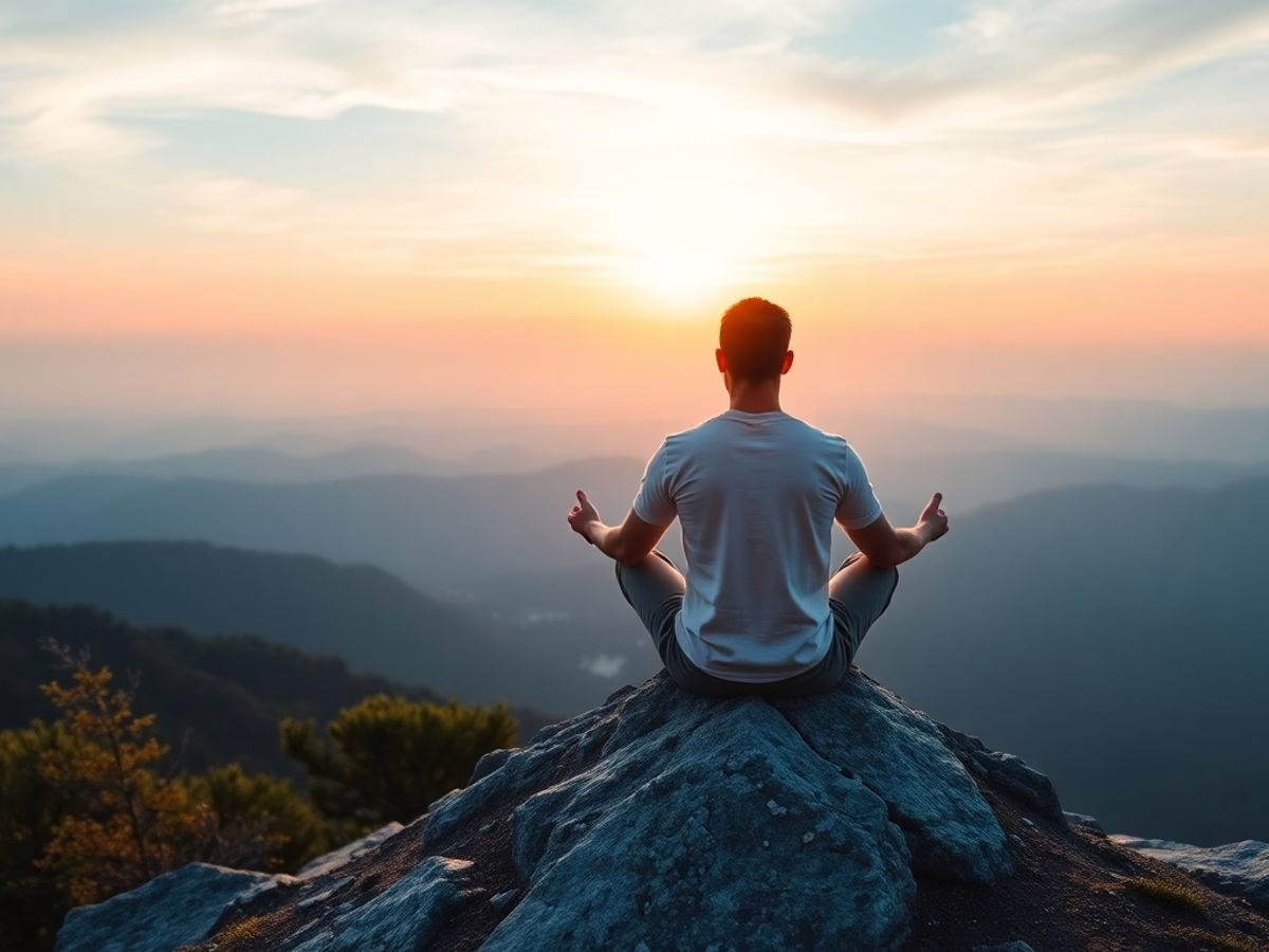 Person meditating on a mountain peak at sunrise. How to Change Your Mindset