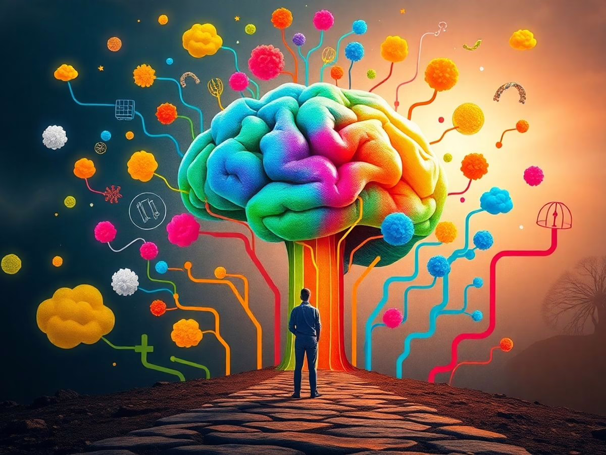 An open mind with colorful ideas and a person contemplating.