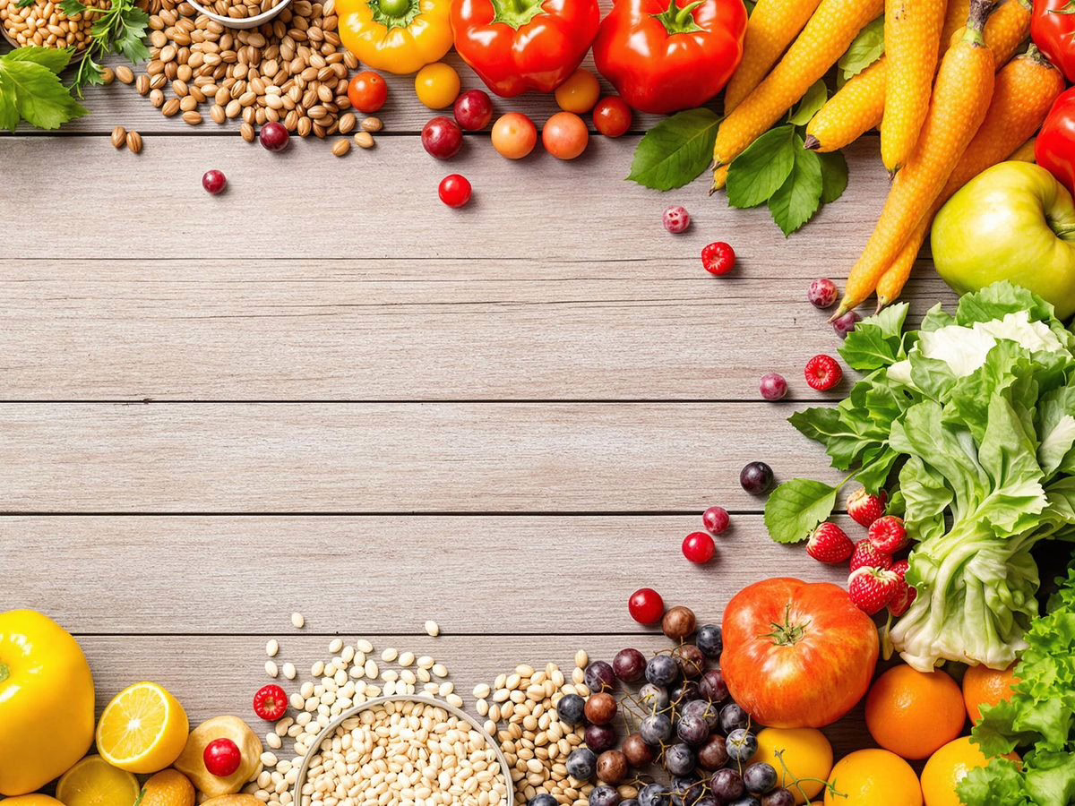 Colorful fruits and vegetables on a rustic wooden table. Habits to Track