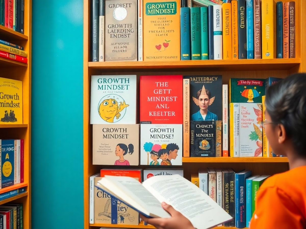 Colorful bookshelf with growth mindset books and a reader.