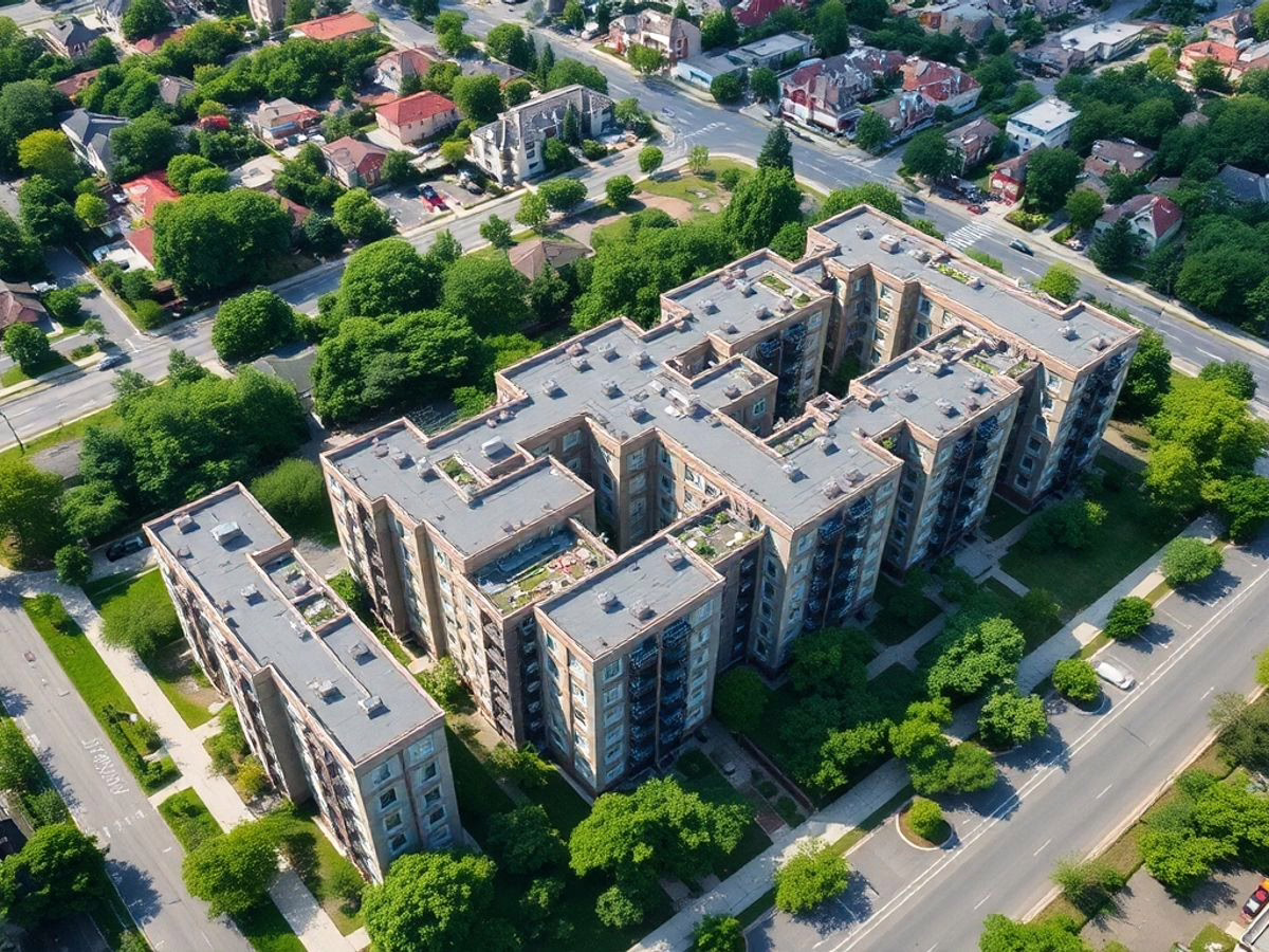 Aerial view of modern multifamily residential complex.