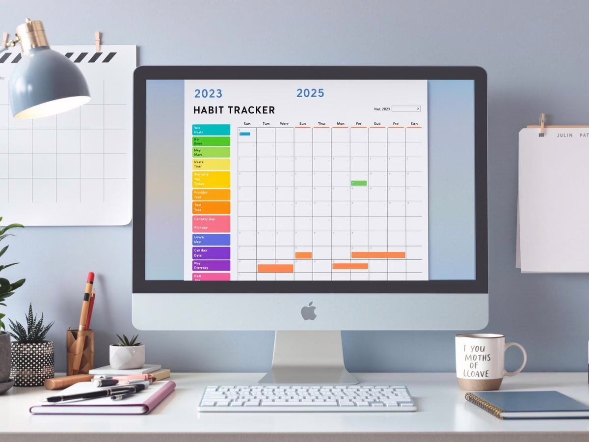 Vibrant workspace with a habit tracker and motivational items. habit tracker template