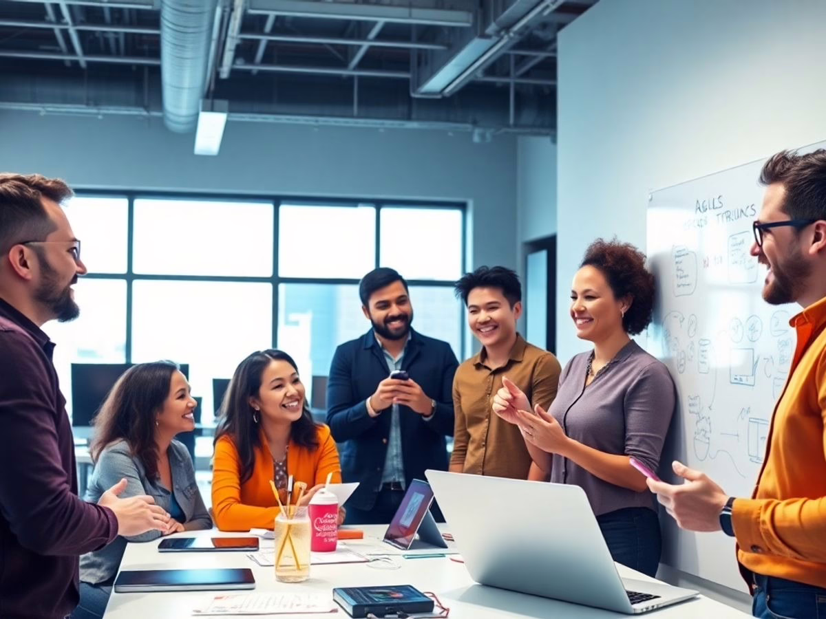 Agile Mindset: Transforming Teams for Success in 2025 3 Team collaborating in a modern agile workspace.