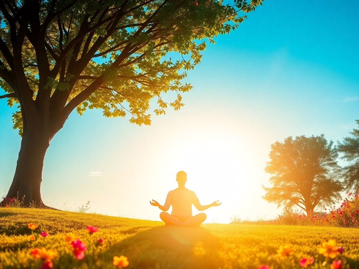 Meditation under a tree in a peaceful landscape.