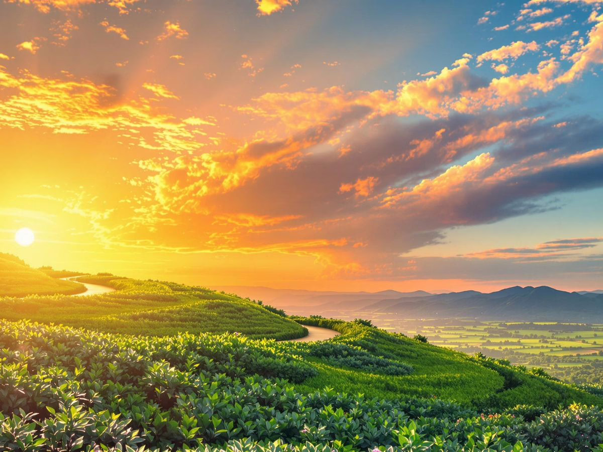 A sunrise over a path in a green landscape. Atomic Habits Review