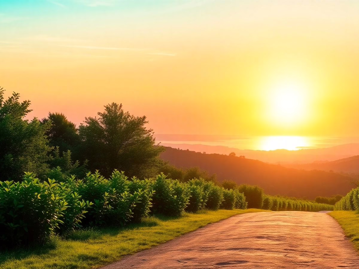 Lush landscape with sunlit path and vibrant horizon.