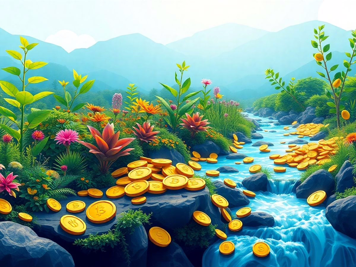 Lush landscape with coins and river illustrating wealth.