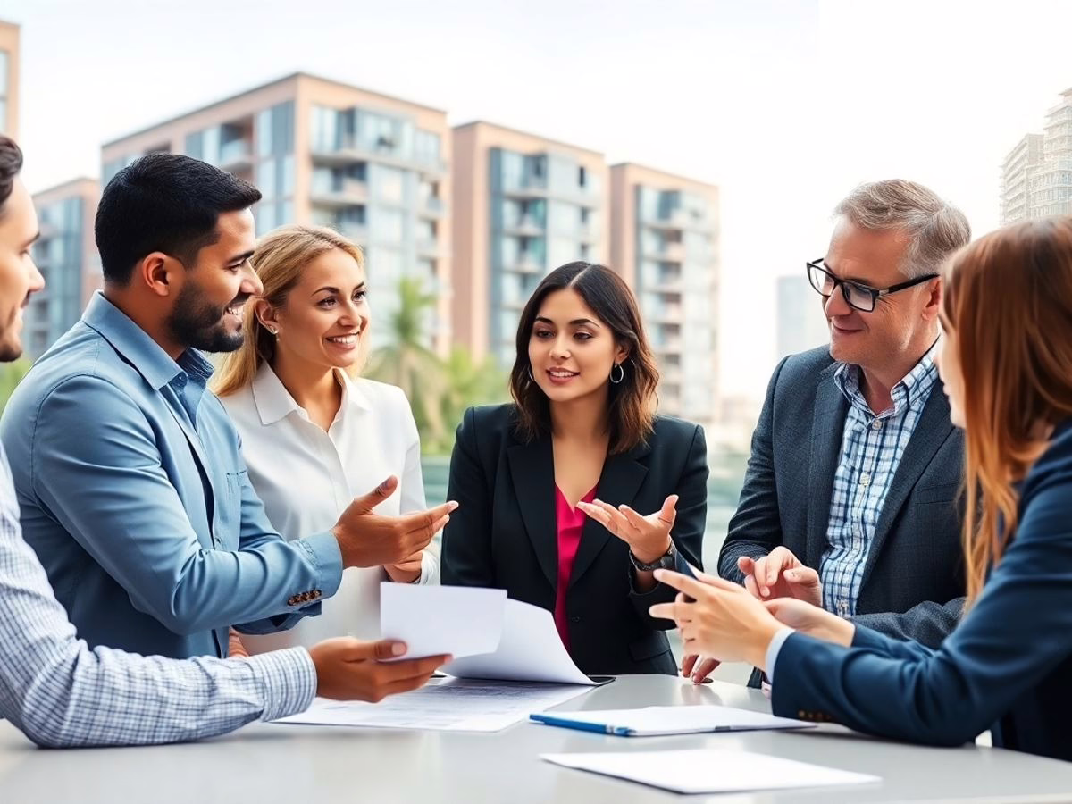 Diverse professionals discussing multifamily real estate investments.