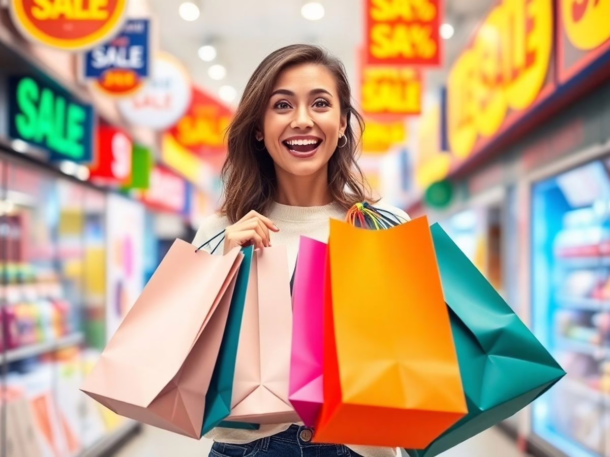 Excited shopper with many bags in a busy store.