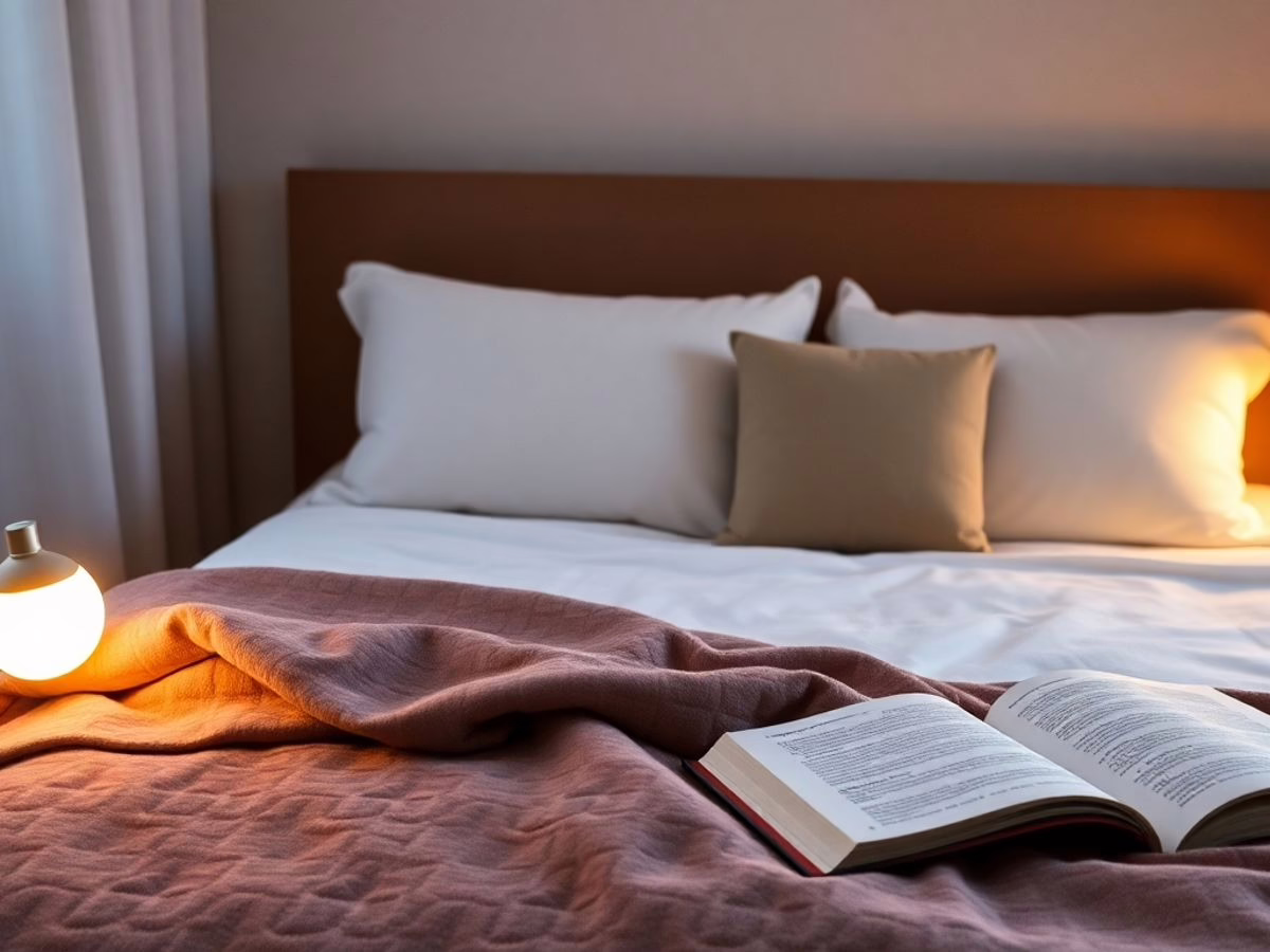 Cozy bedroom with soft lighting and inviting bed.