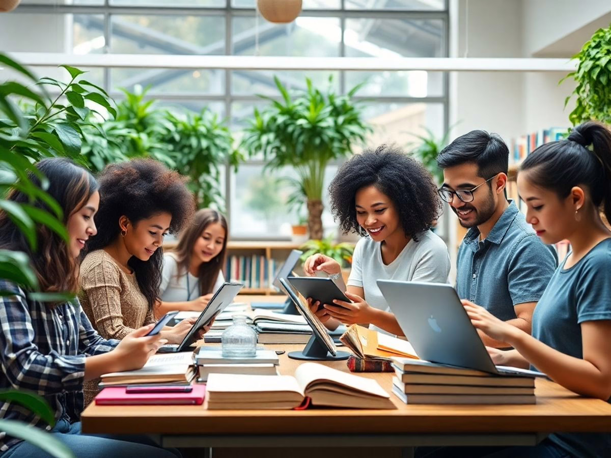 Diverse individuals using technology in an inspiring learning space. Habits of Mind