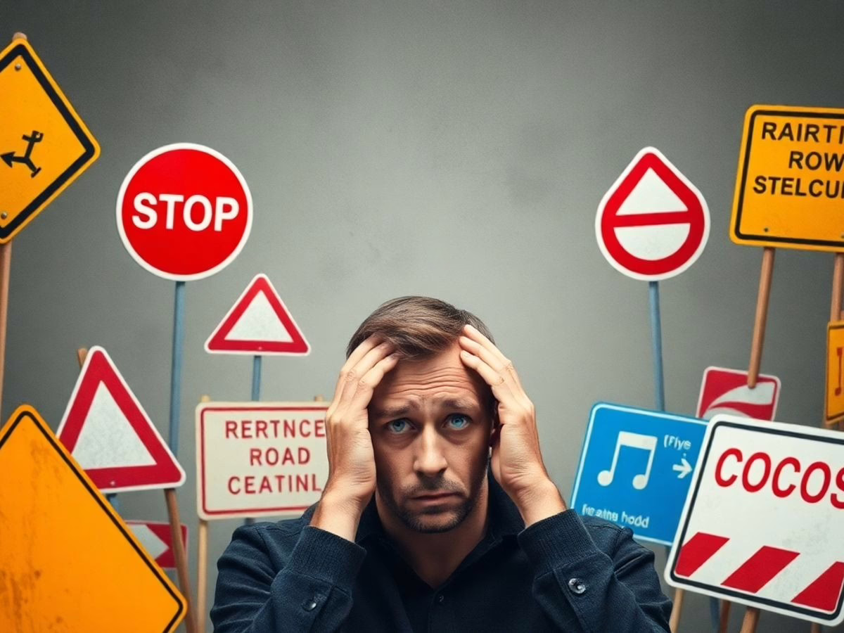 Frustrated person surrounded by roadblocks in a narrow mindset.