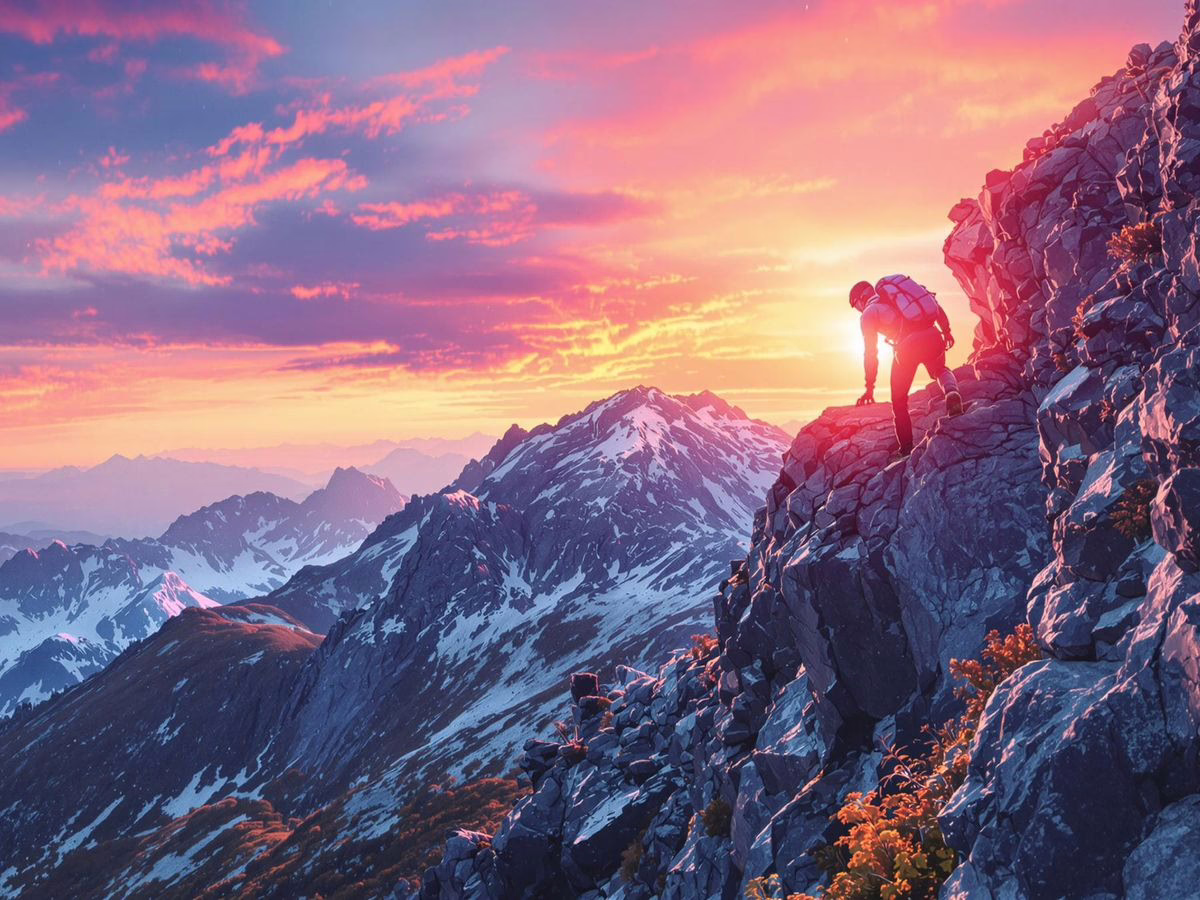 A climber ascending a mountain at sunrise.