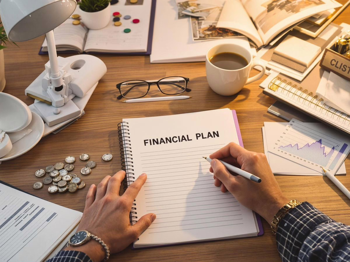Person writing financial plan at organized desk.